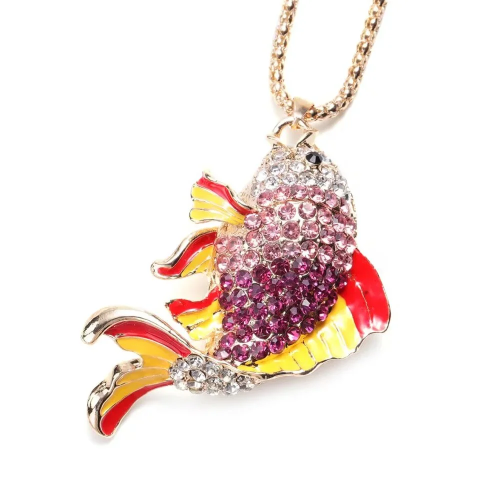 2 Piece Multi Color Enameled Fish Pendant Necklace and Compact Mirror Set